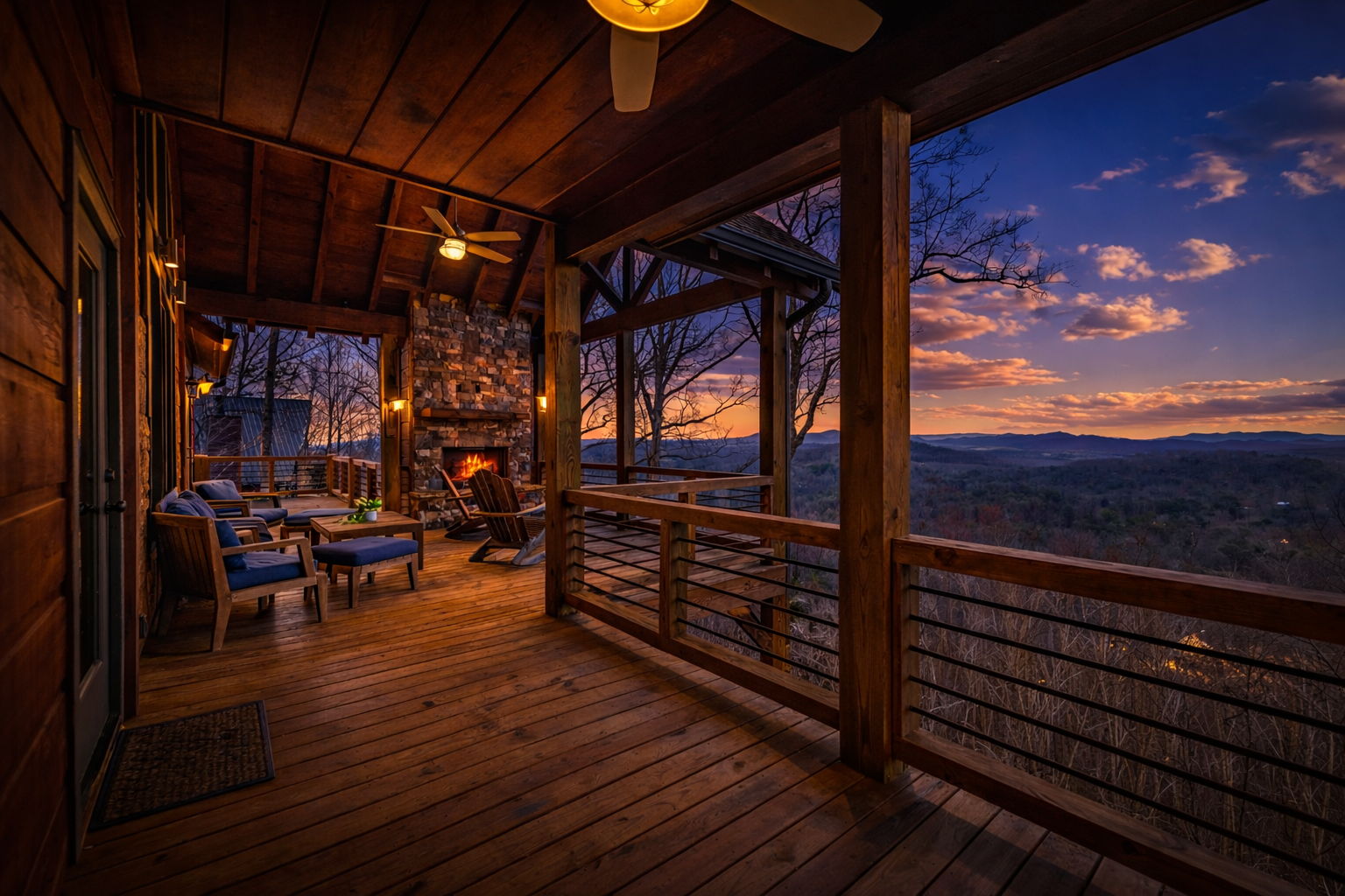 Luxury Blue Ridge Georgia cabin rental with outdoor fireplace at dusk