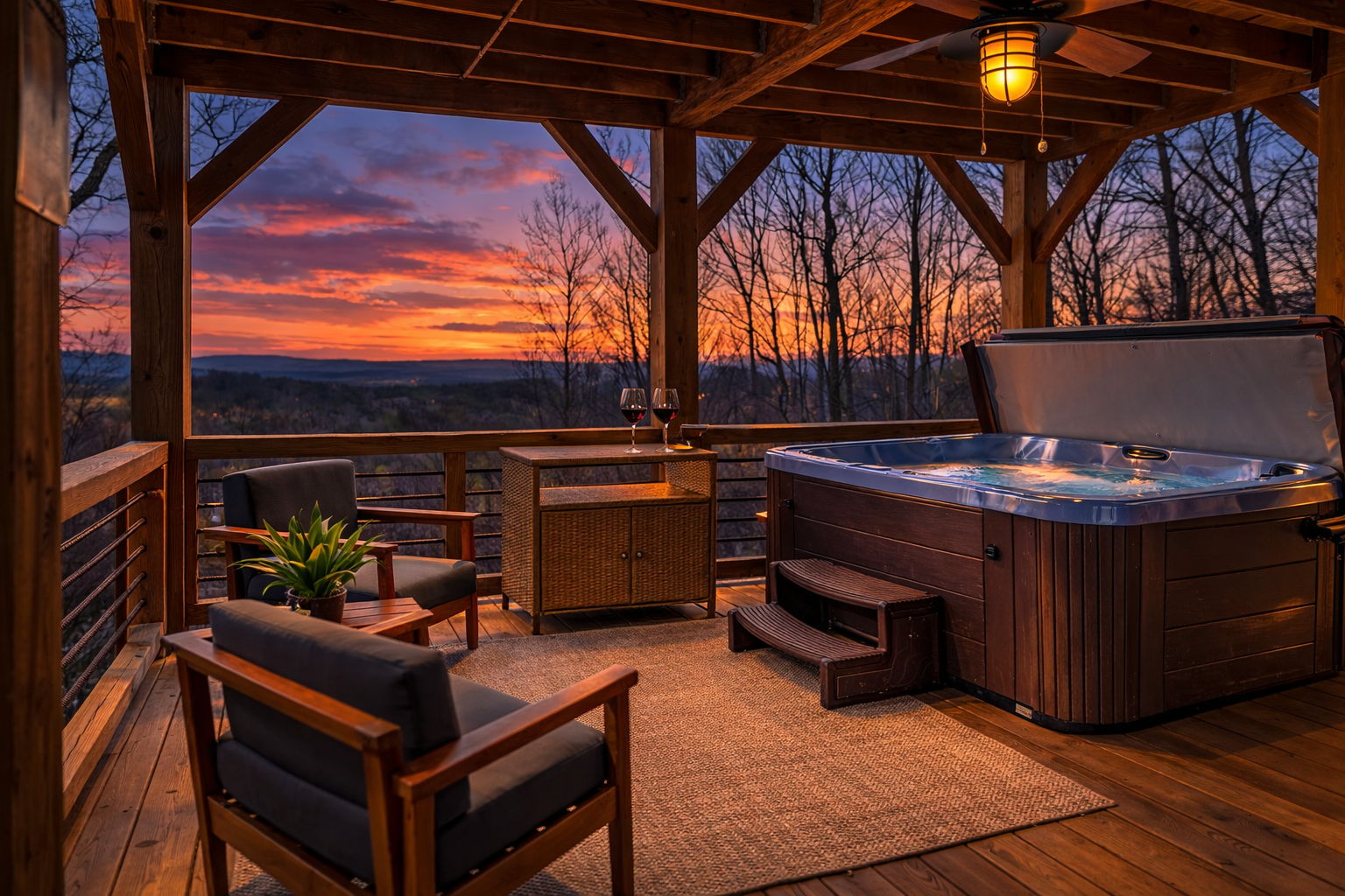 Hot tub at sunset with wine glasses and dramatic orange sky